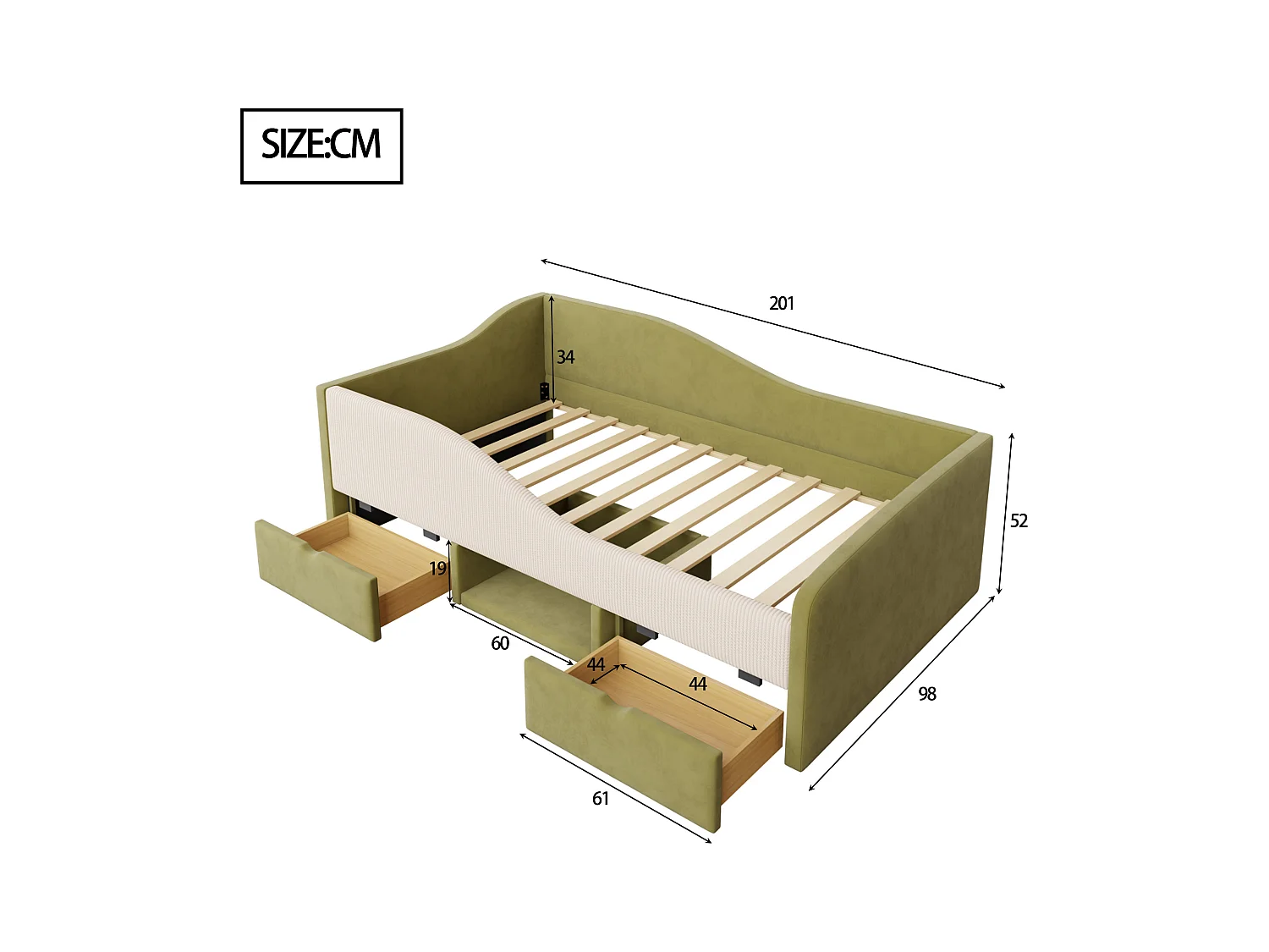 Sofa tapicerowana z funkcją spania - 90 x 190 cm - z 2 szufladami i drążkami - welur - zielony + kość słoniowa