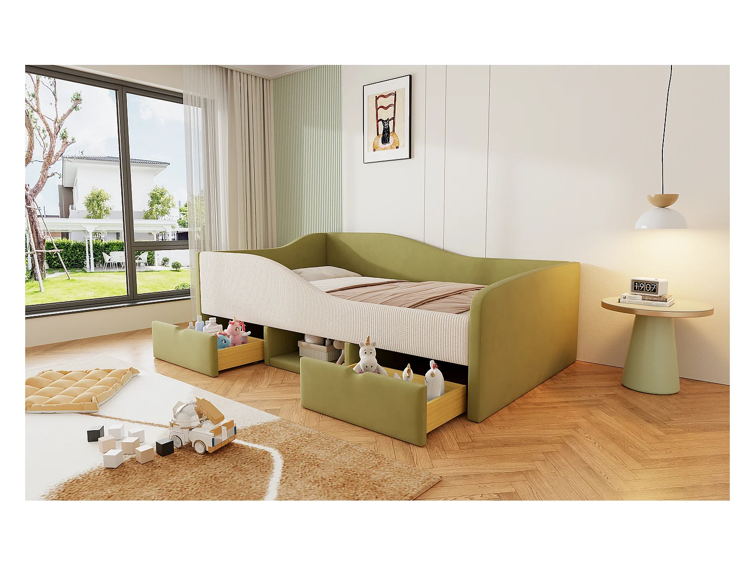 Sofa tapicerowana z funkcją spania - 90 x 190 cm - z 2 szufladami i drążkami - welur - zielony + kość słoniowa