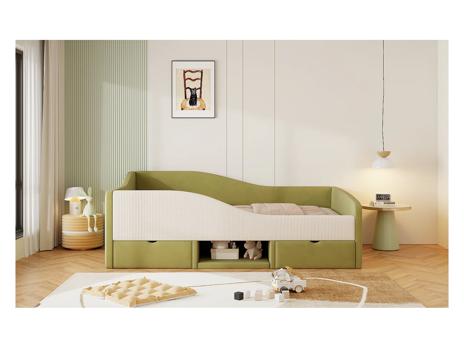 Sofa tapicerowana z funkcją spania - 90 x 190 cm - z 2 szufladami i drążkami - welur - zielony + kość słoniowa