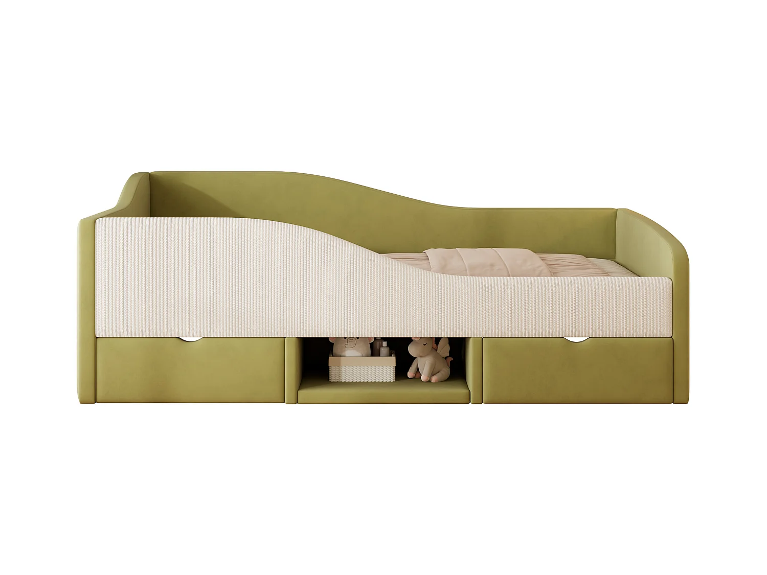 Sofa tapicerowana z funkcją spania - 90 x 190 cm - z 2 szufladami i drążkami - welur - zielony + kość słoniowa