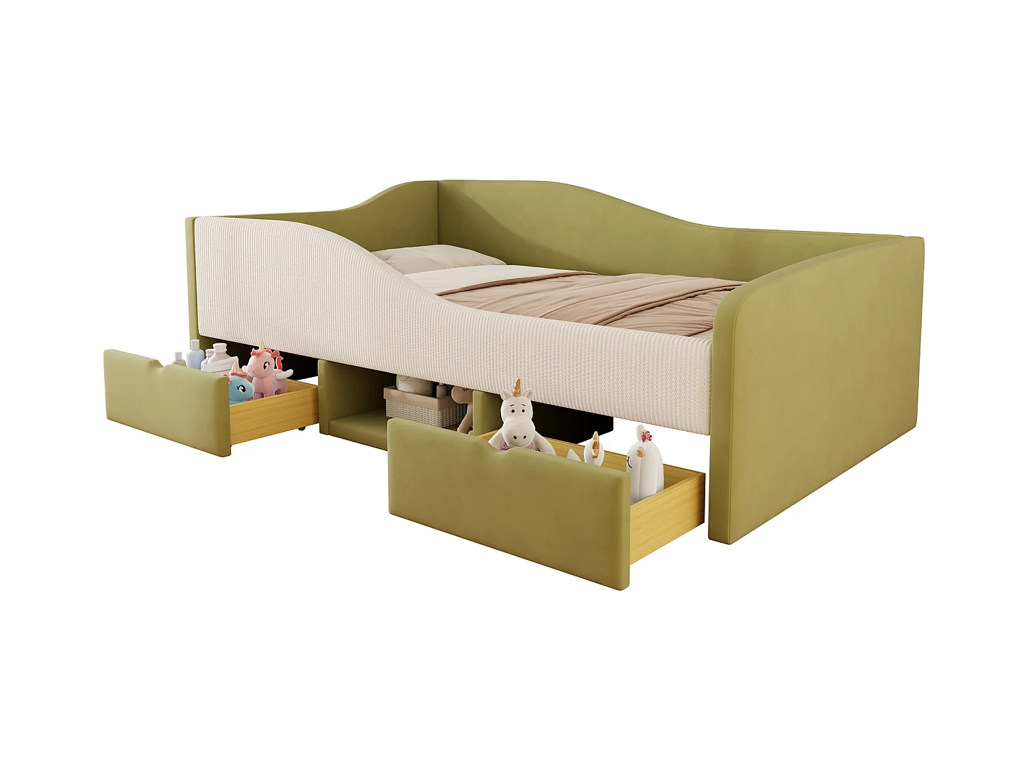 Sofa tapicerowana z funkcją spania - 90 x 190 cm - z 2 szufladami i drążkami - welur - zielony + kość słoniowa