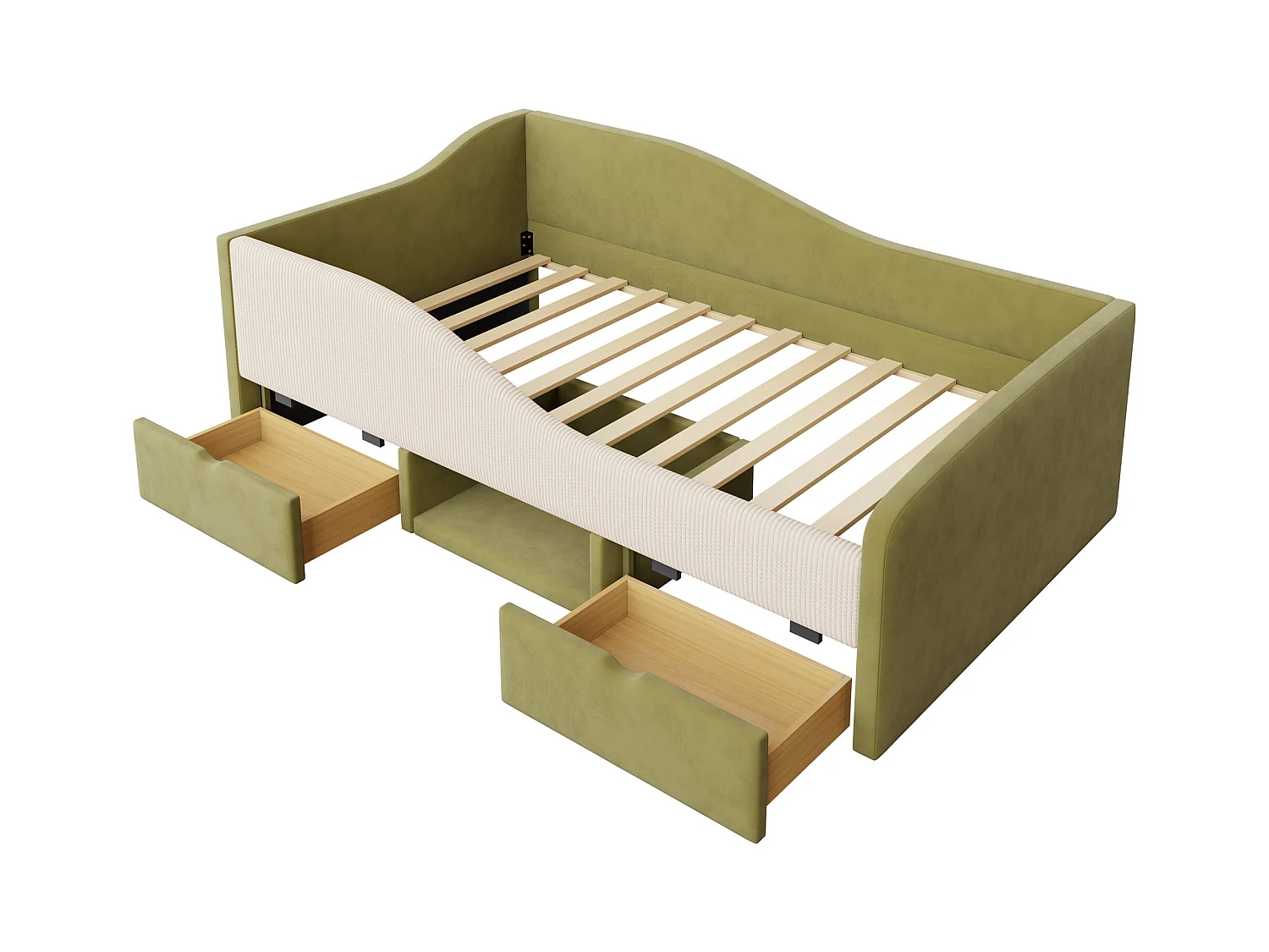 Sofa tapicerowana z funkcją spania - 90 x 190 cm - z 2 szufladami i drążkami - welur - zielony + kość słoniowa