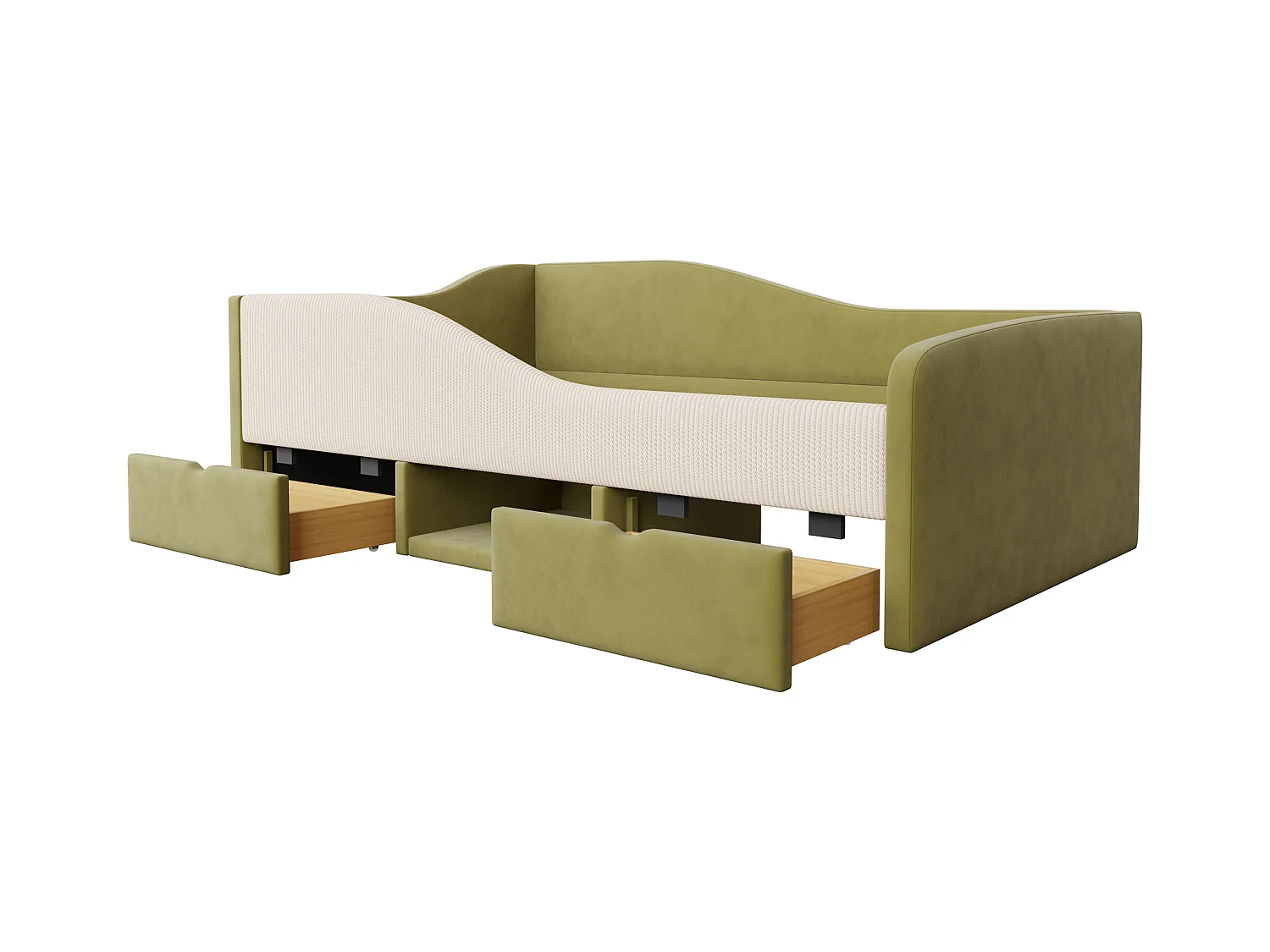 Sofa tapicerowana z funkcją spania - 90 x 190 cm - z 2 szufladami i drążkami - welur - zielony + kość słoniowa