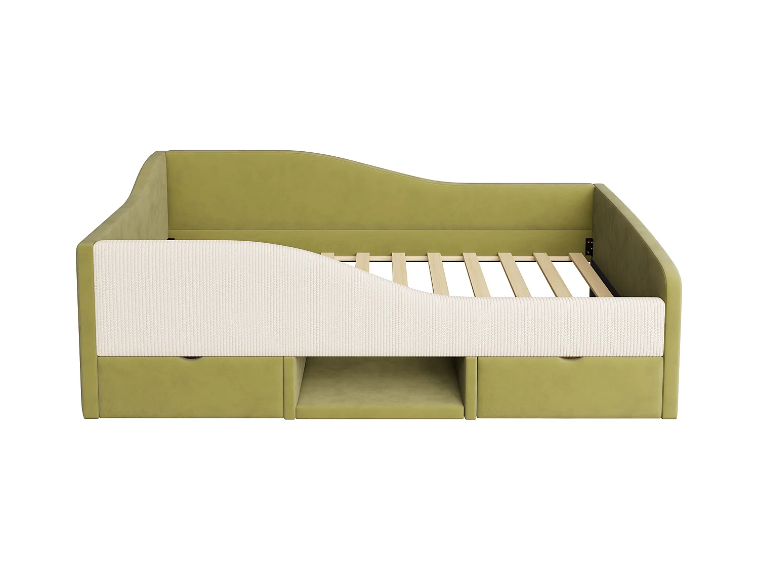 Sofa tapicerowana z funkcją spania - 90 x 190 cm - z 2 szufladami i drążkami - welur - zielony + kość słoniowa