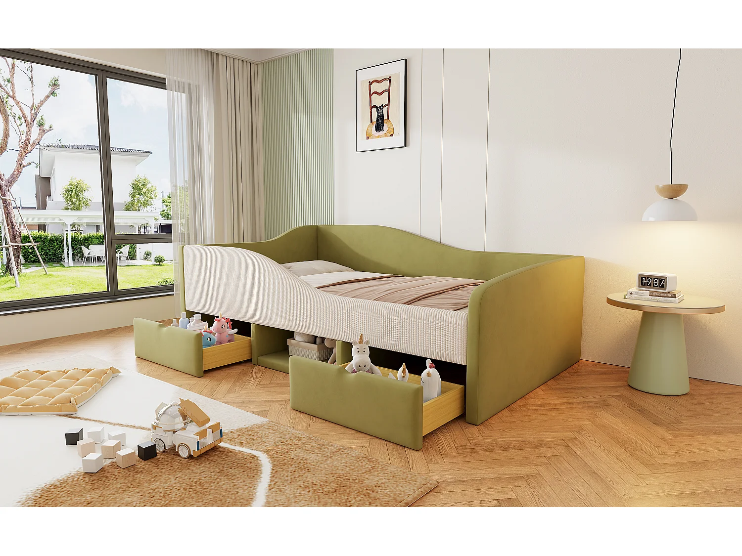 Gepolstertes Schlafsofa – 90 x 190 cm – mit 2 Schubladen und Schienen – Samt – Grün + Elfenbein