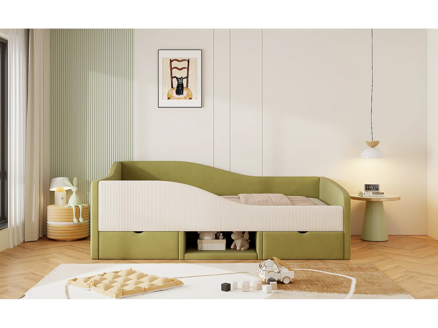 Gepolstertes Schlafsofa – 90 x 190 cm – mit 2 Schubladen und Schienen – Samt – Grün + Elfenbein