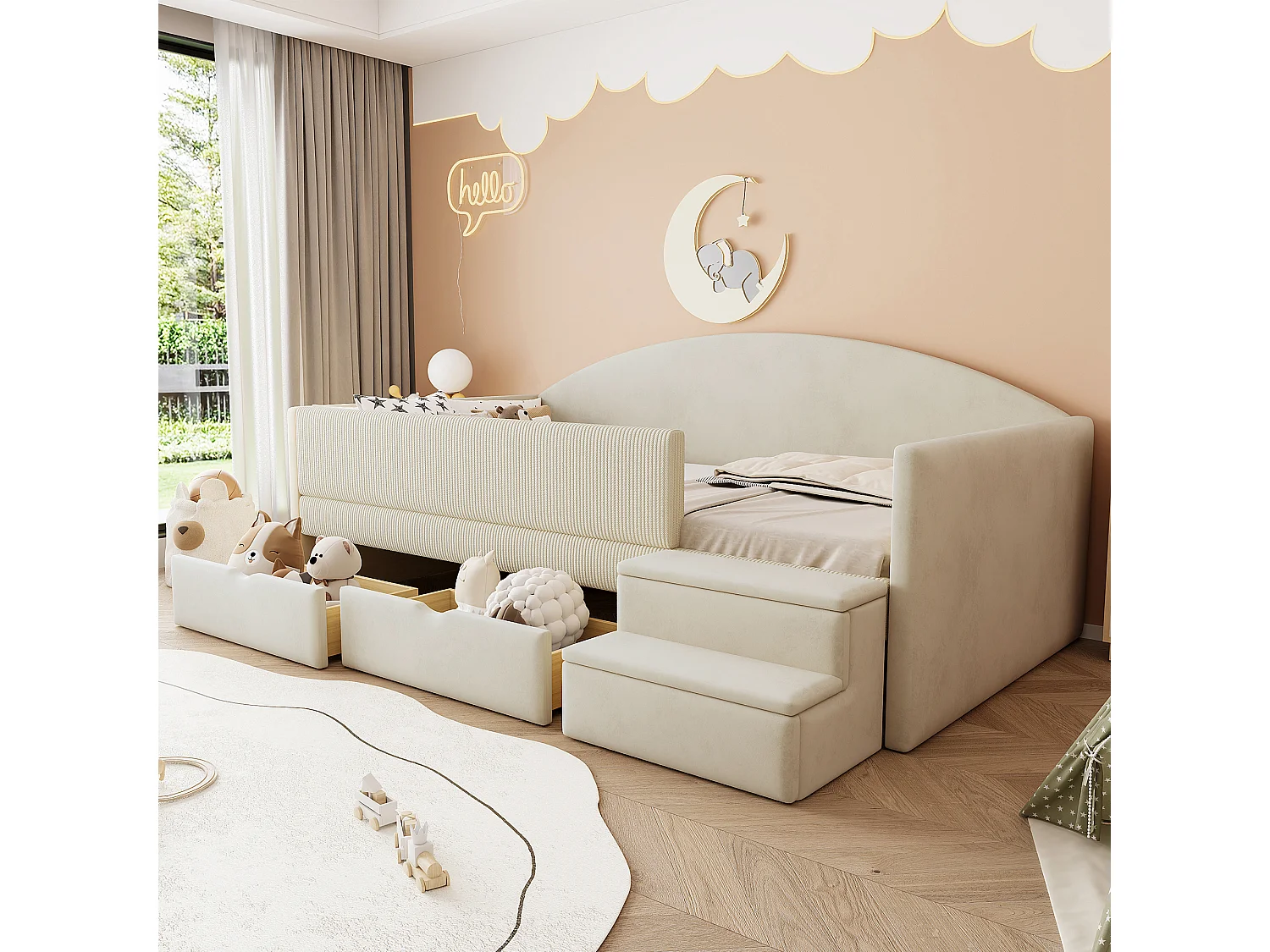 Sofa tapicerowana z funkcją spania - 90 x 190 cm - z 2 szufladami + drążkami + schodkami - welur - beż