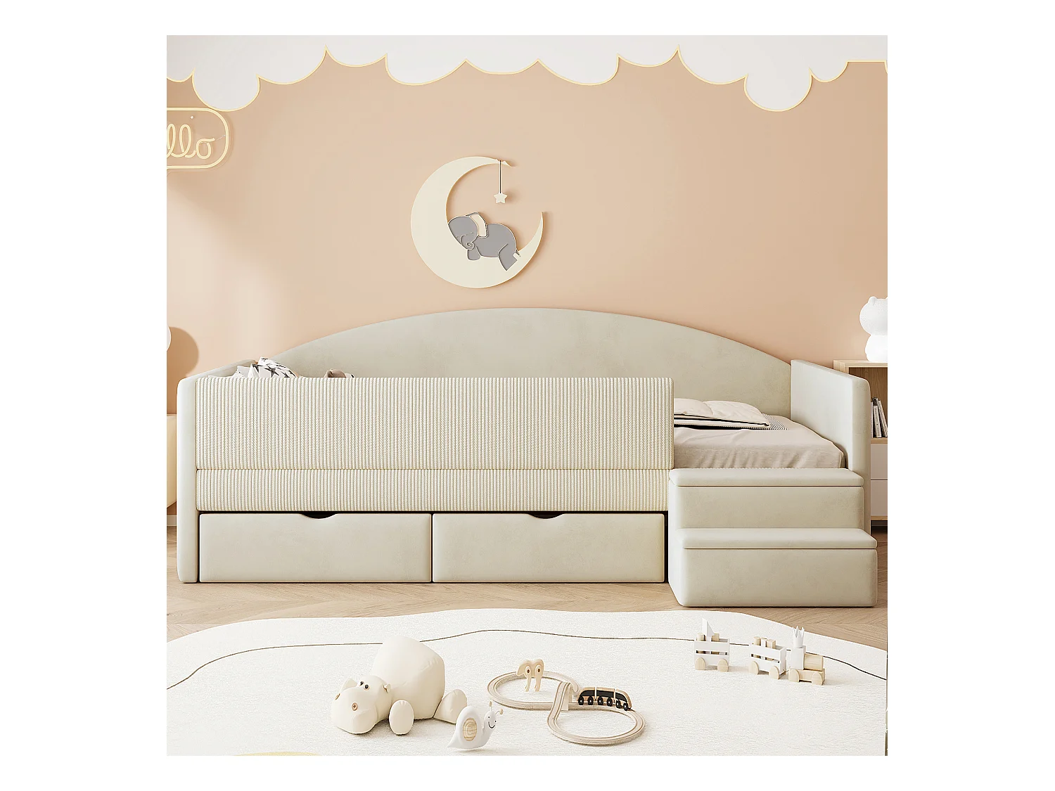 Sofa tapicerowana z funkcją spania - 90 x 190 cm - z 2 szufladami + drążkami + schodkami - welur - beż