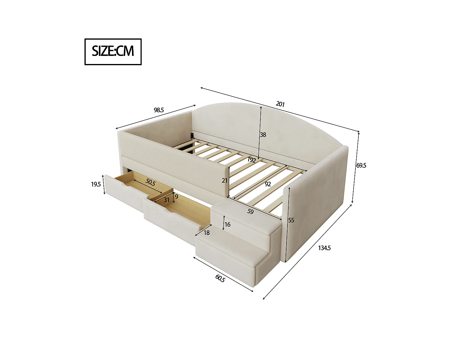 Sofa tapicerowana z funkcją spania - 90 x 190 cm - z 2 szufladami + drążkami + schodkami - welur - beż