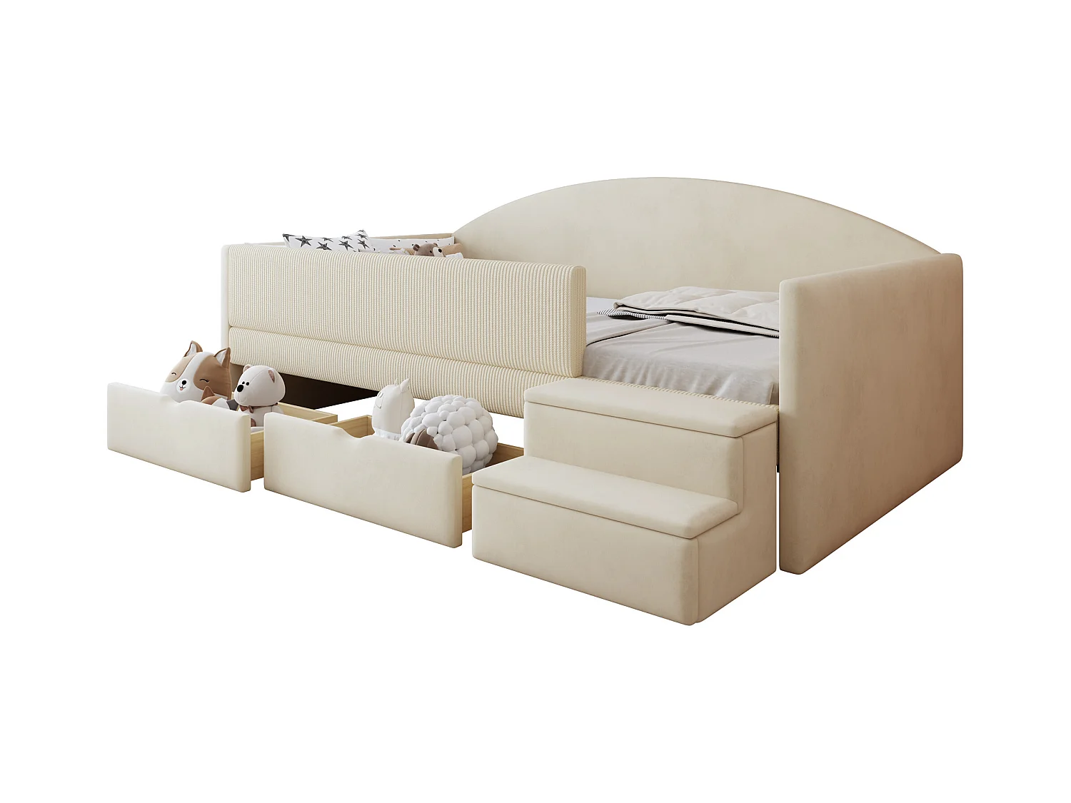 Sofa tapicerowana z funkcją spania - 90 x 190 cm - z 2 szufladami + drążkami + schodkami - welur - beż