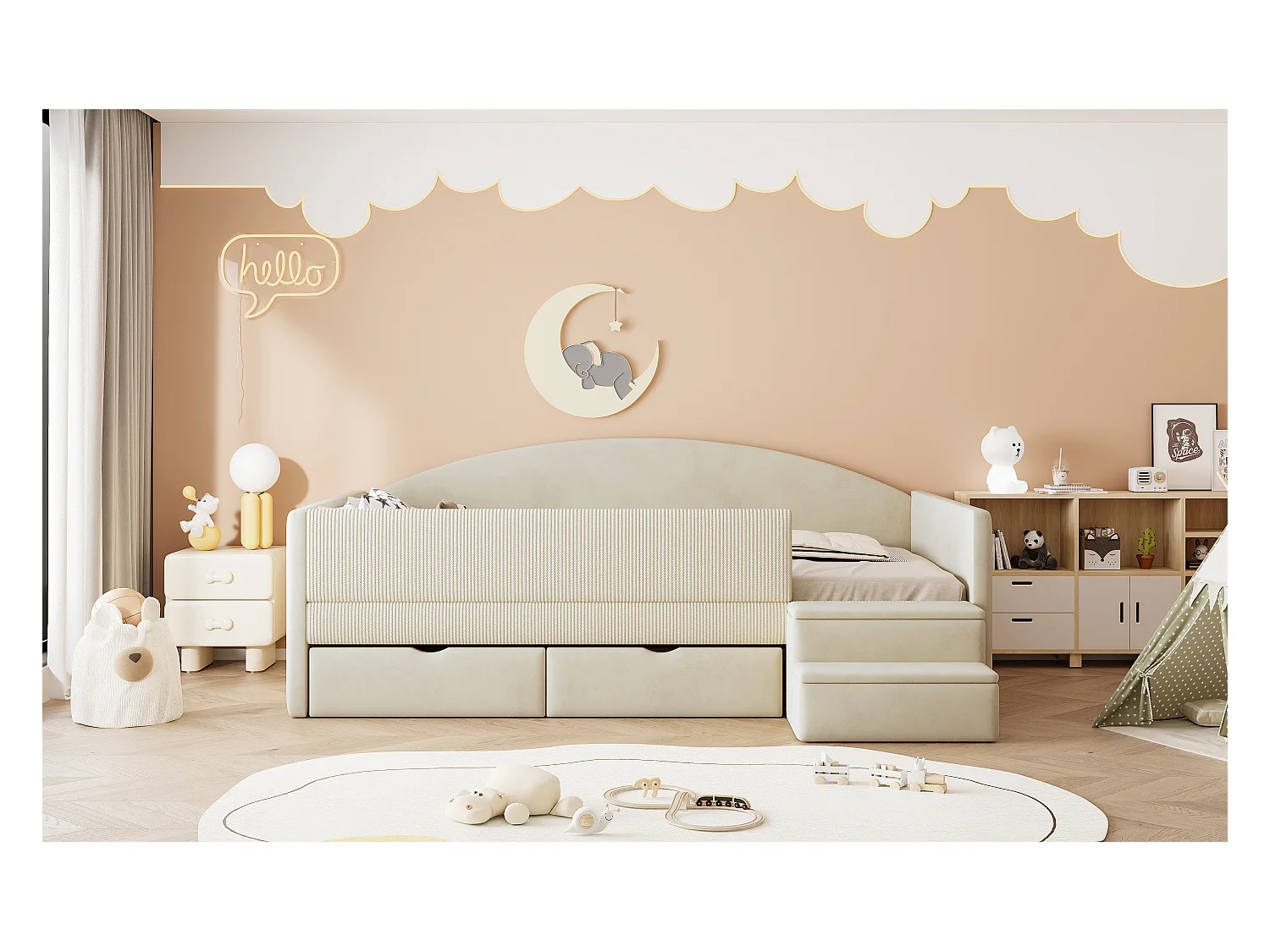 Sofa tapicerowana z funkcją spania - 90 x 190 cm - z 2 szufladami + drążkami + schodkami - welur - beż