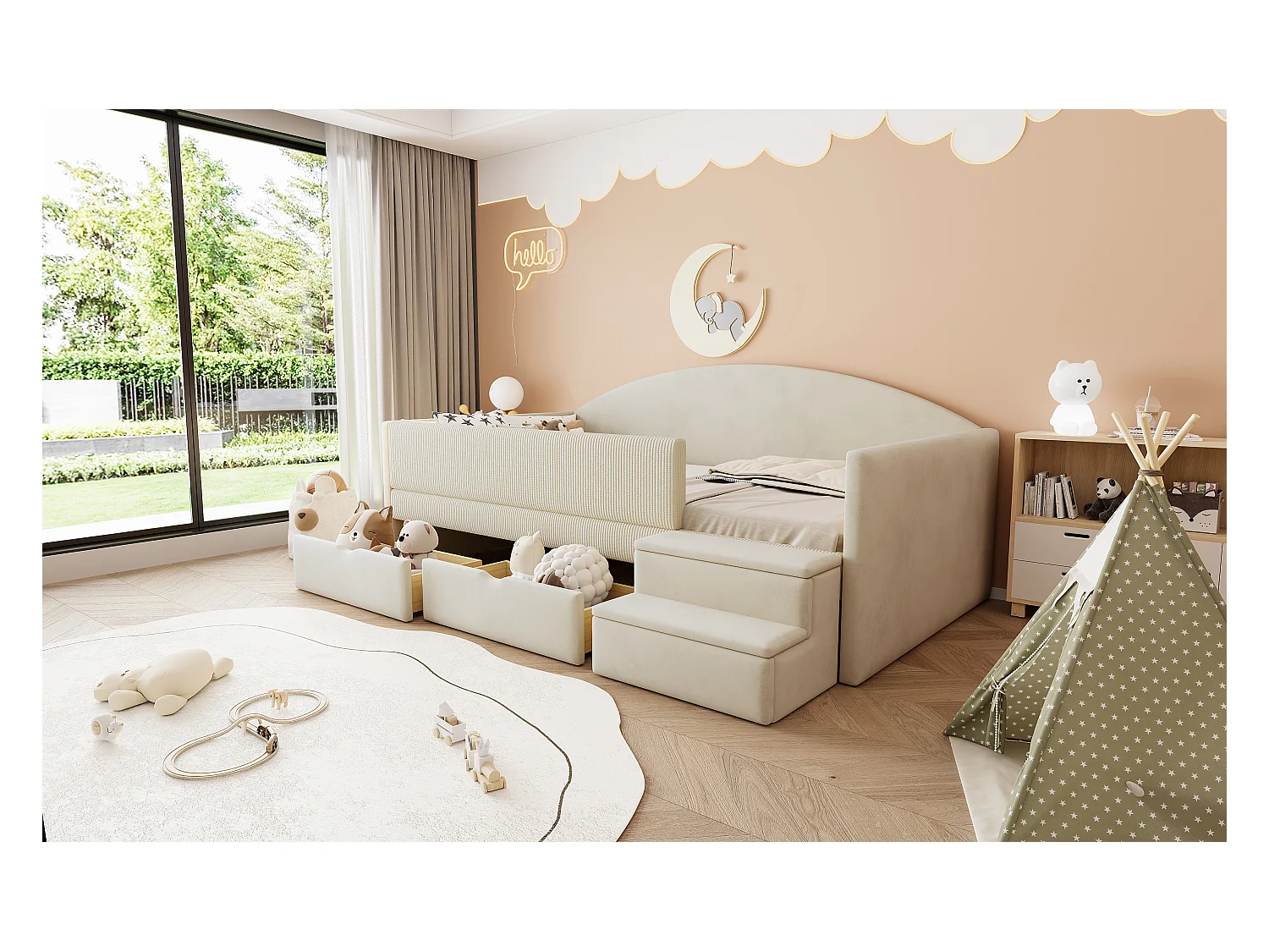 Sofa tapicerowana z funkcją spania - 90 x 190 cm - z 2 szufladami + drążkami + schodkami - welur - beż