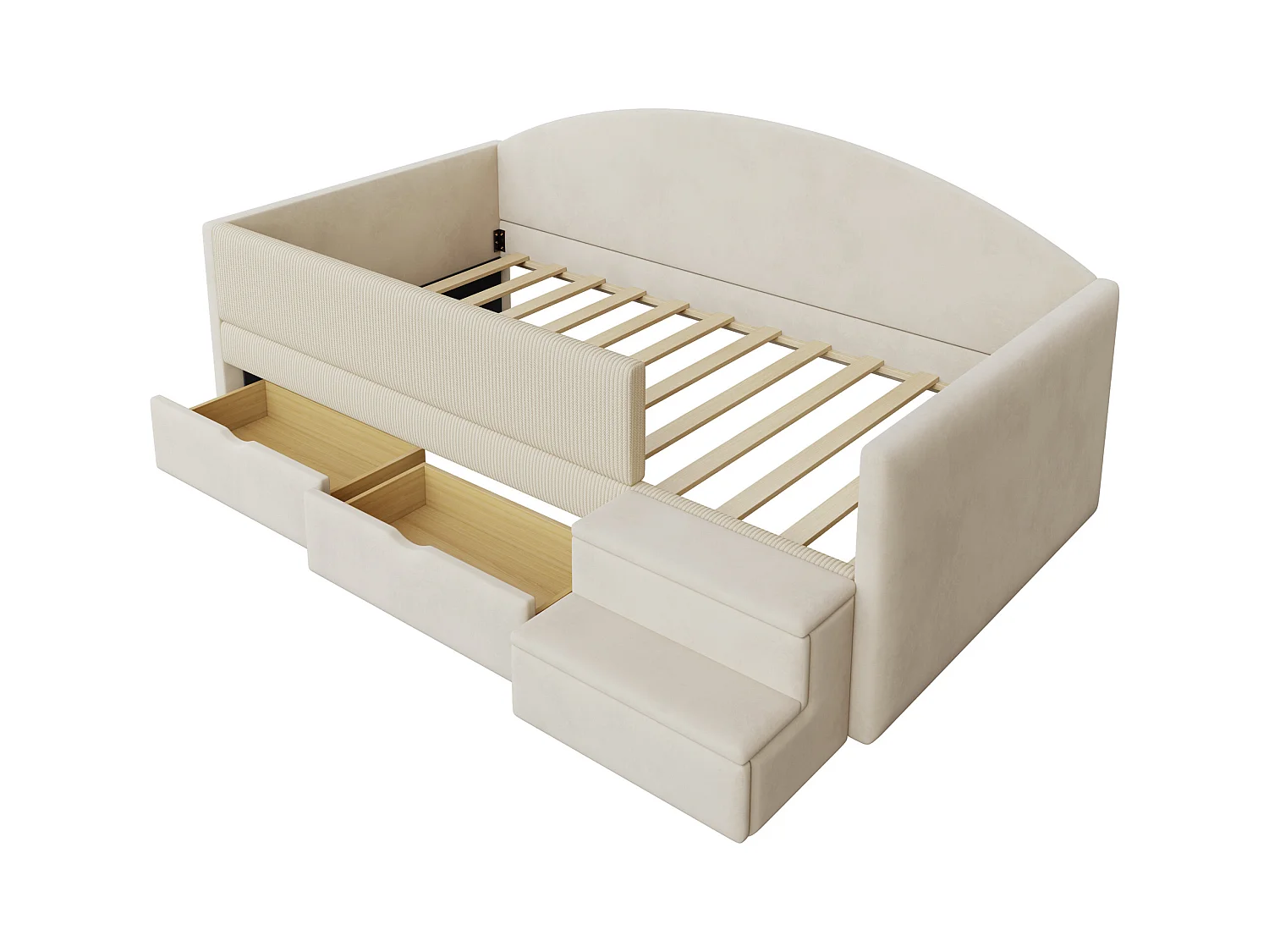 Sofa tapicerowana z funkcją spania - 90 x 190 cm - z 2 szufladami + drążkami + schodkami - welur - beż