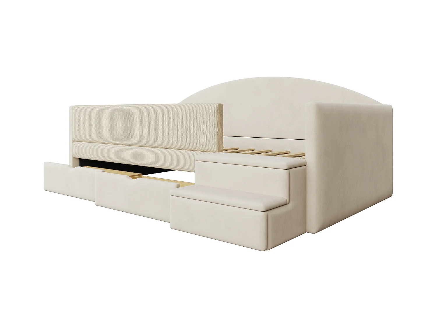 Sofa tapicerowana z funkcją spania - 90 x 190 cm - z 2 szufladami + drążkami + schodkami - welur - beż