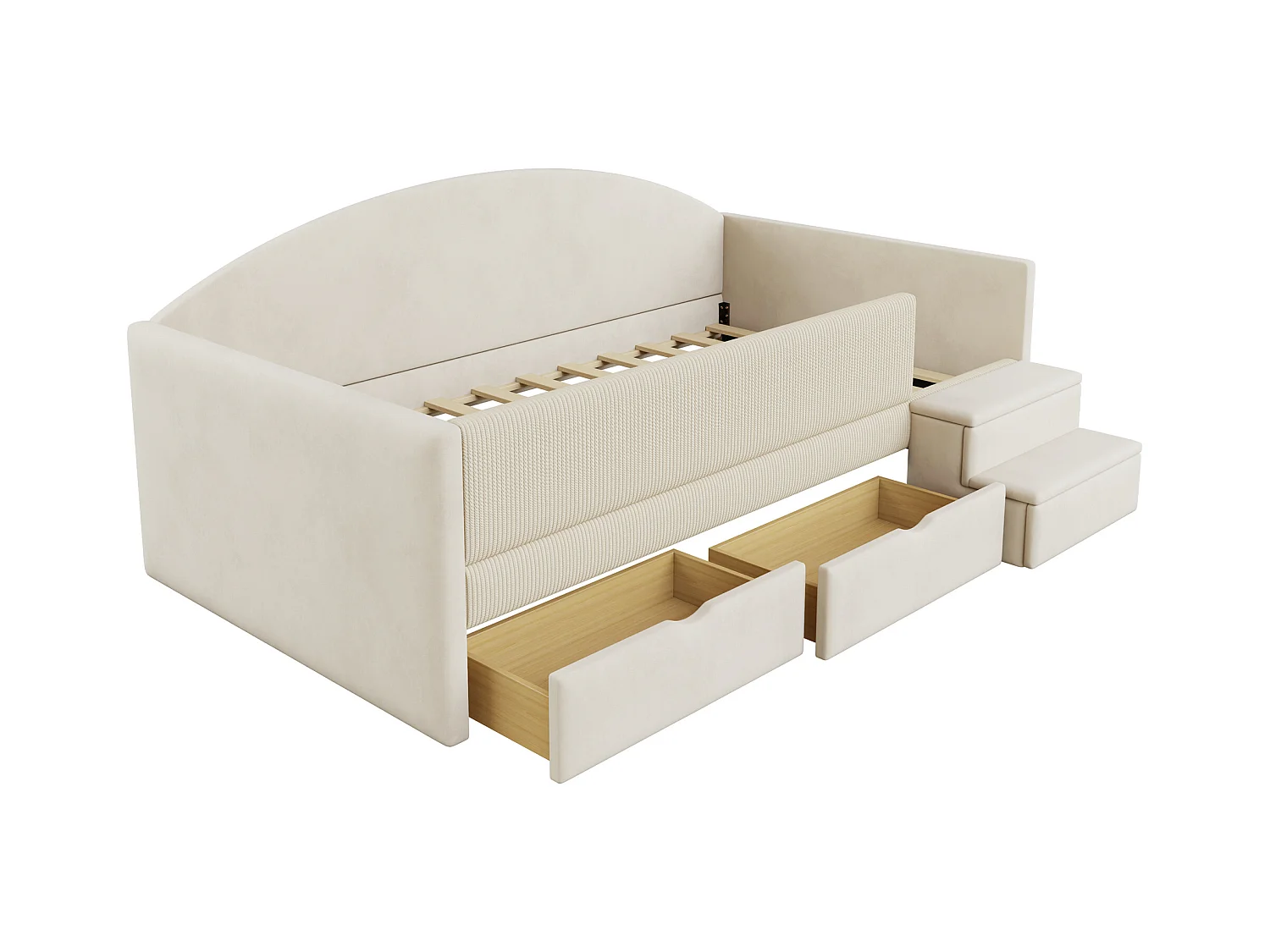 Sofa tapicerowana z funkcją spania - 90 x 190 cm - z 2 szufladami + drążkami + schodkami - welur - beż