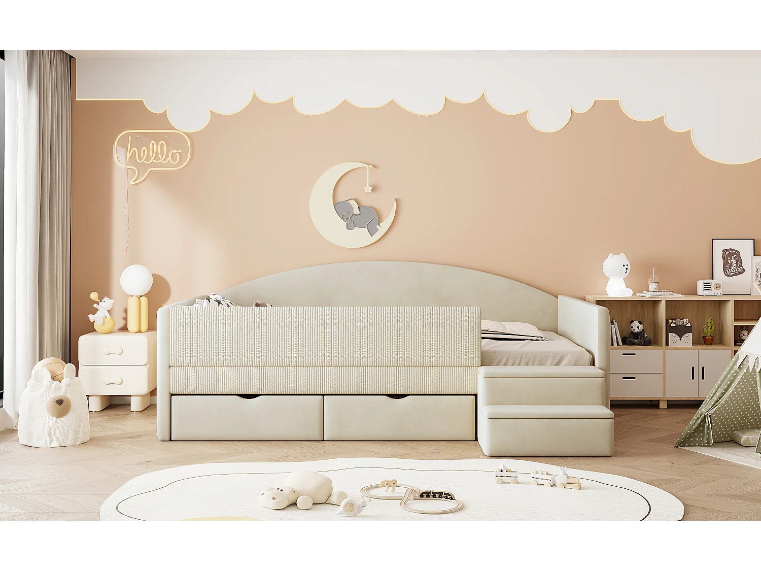 Sofa tapicerowana z funkcją spania - 90 x 190 cm - z 2 szufladami + drążkami + schodkami - welur - beż