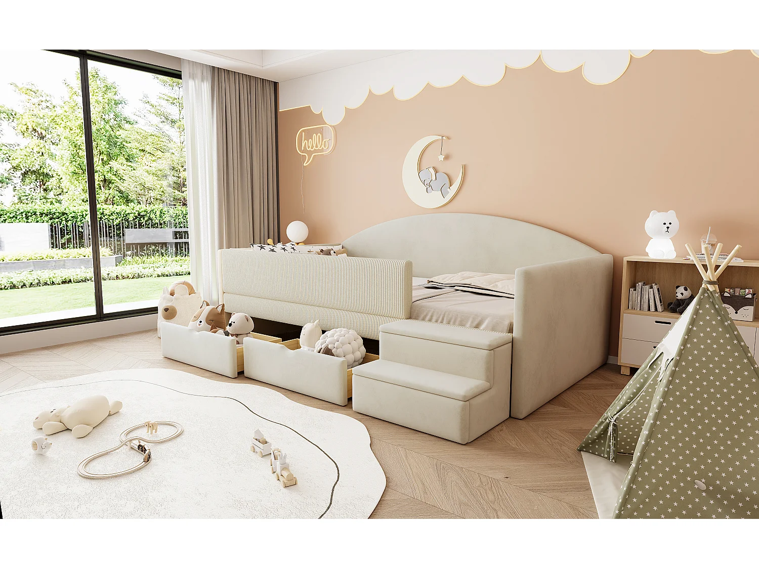 Sofa tapicerowana z funkcją spania - 90 x 190 cm - z 2 szufladami + drążkami + schodkami - welur - beż