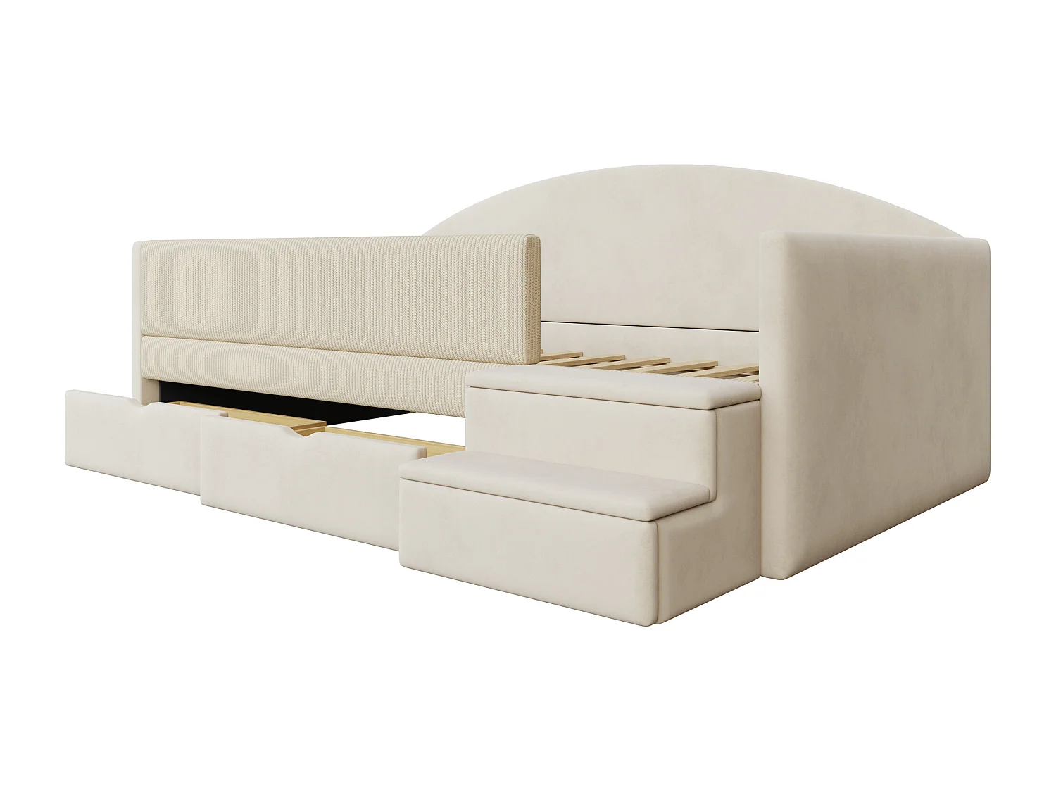 Sofa tapicerowana z funkcją spania - 90 x 190 cm - z 2 szufladami + drążkami + schodkami - welur - beż