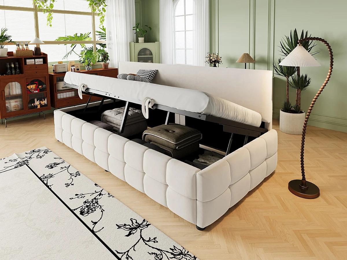 Divano letto imbottito - 90 x 200 cm - con contenitore idraulico + schienale senza braccioli - velluto - beige