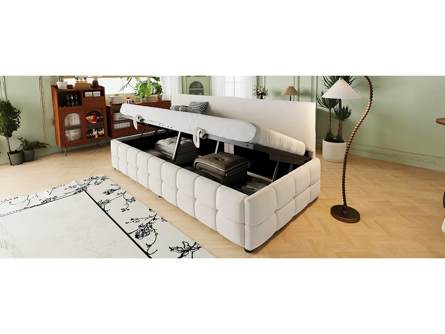 Divano letto imbottito - 90 x 200 cm - con contenitore idraulico + schienale senza braccioli - velluto - beige
