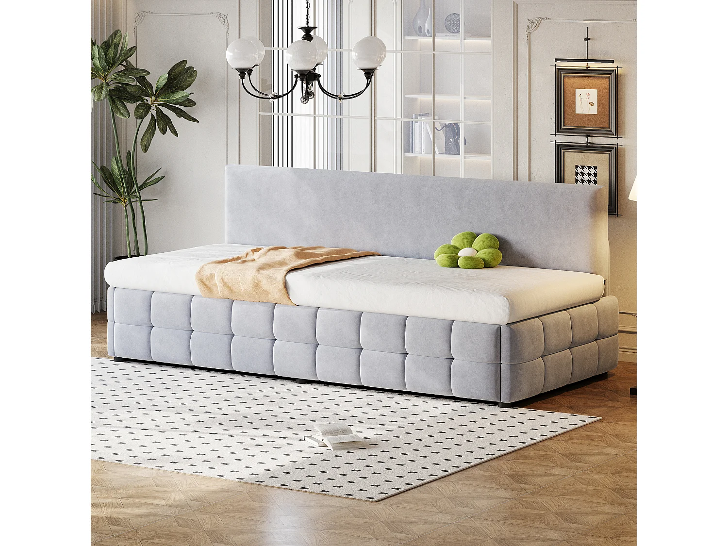 Gepolstertes Schlafsofa – 90 x 200 cm – mit hydraulischem Stauraum + Rückenlehne ohne Armlehnen – Samt – Hellgrau