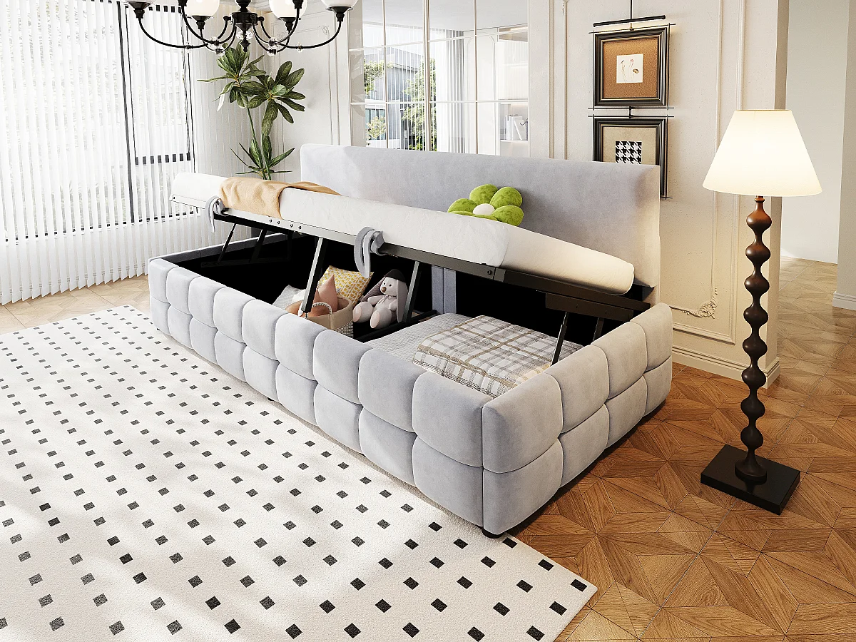 Gepolstertes Schlafsofa – 90 x 200 cm – mit hydraulischem Stauraum + Rückenlehne ohne Armlehnen – Samt – Hellgrau