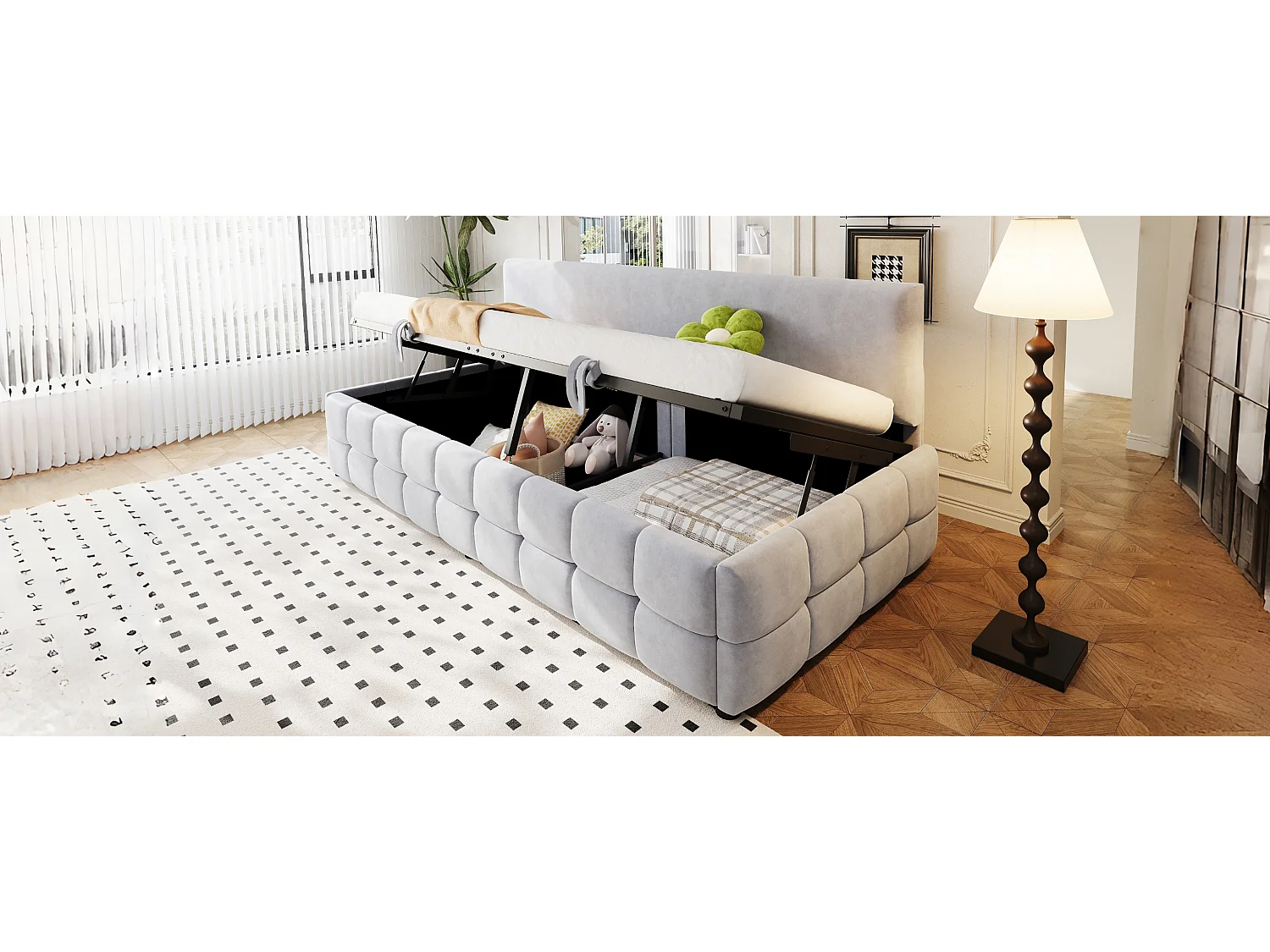 Gepolstertes Schlafsofa – 90 x 200 cm – mit hydraulischem Stauraum + Rückenlehne ohne Armlehnen – Samt – Hellgrau