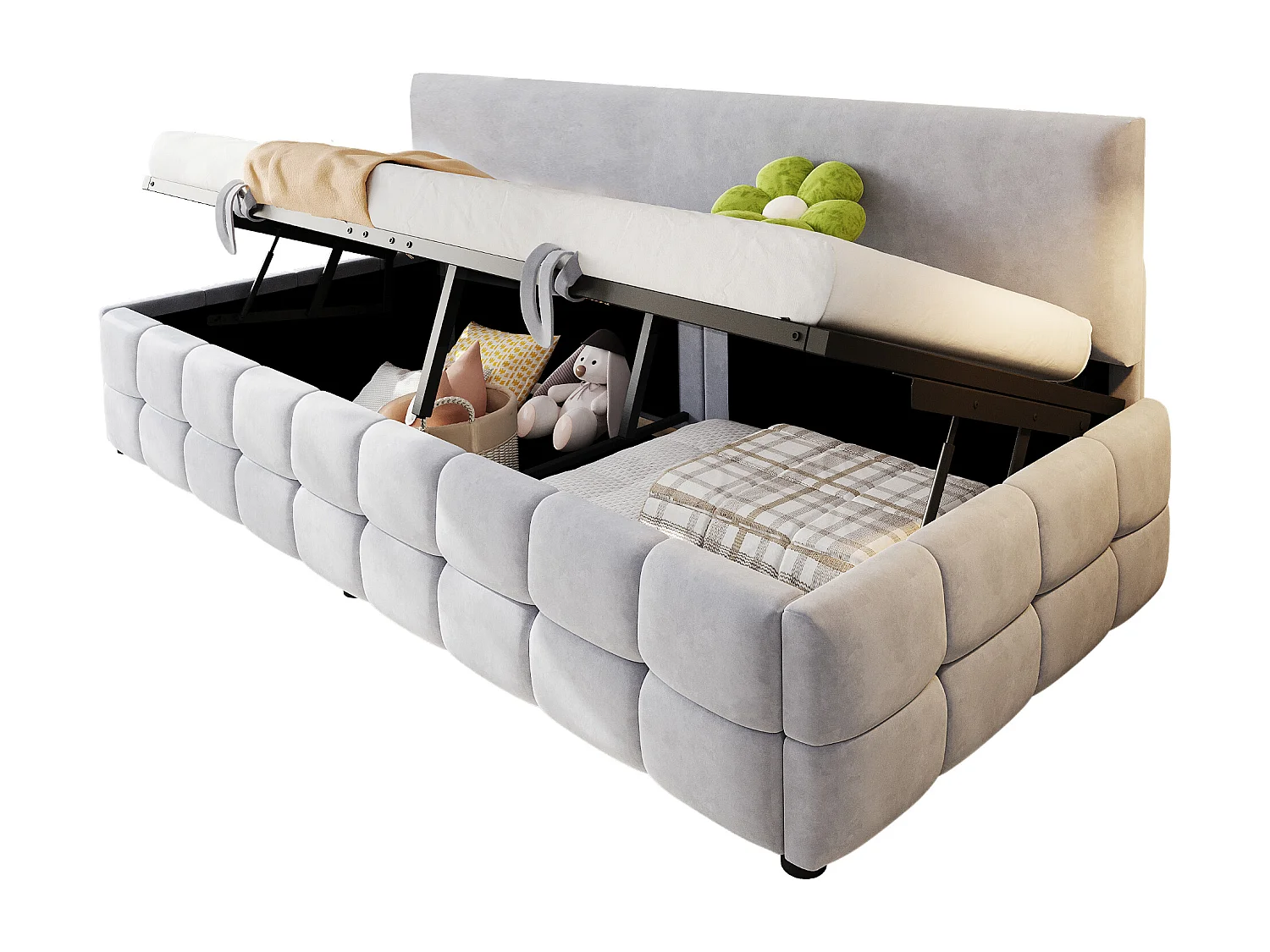 Gepolstertes Schlafsofa – 90 x 200 cm – mit hydraulischem Stauraum + Rückenlehne ohne Armlehnen – Samt – Hellgrau