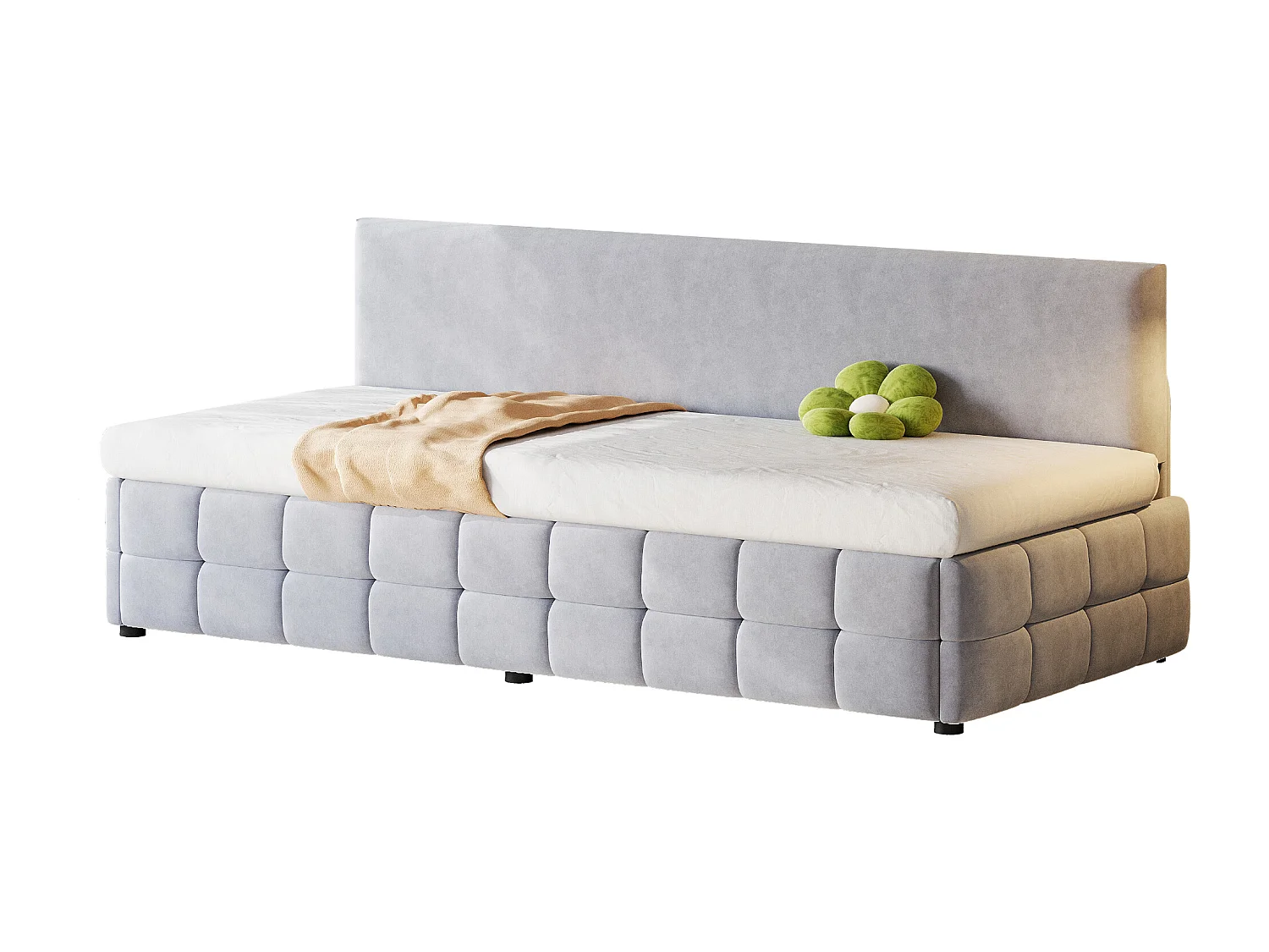 Gepolstertes Schlafsofa – 90 x 200 cm – mit hydraulischem Stauraum + Rückenlehne ohne Armlehnen – Samt – Hellgrau