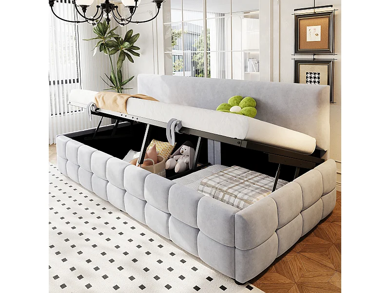 Gepolstertes Schlafsofa – 90 x 200 cm – mit hydraulischem Stauraum + Rückenlehne ohne Armlehnen – Samt – Hellgrau