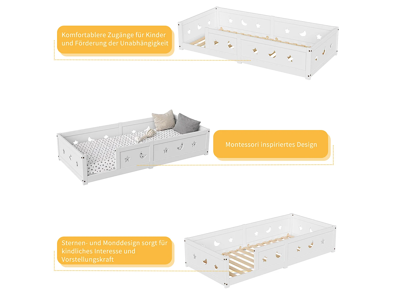 Lit enfant 90 x 200 cm - Lit en bois de pin avec barrières de sécurité, cadre étoile et lune - Blanc