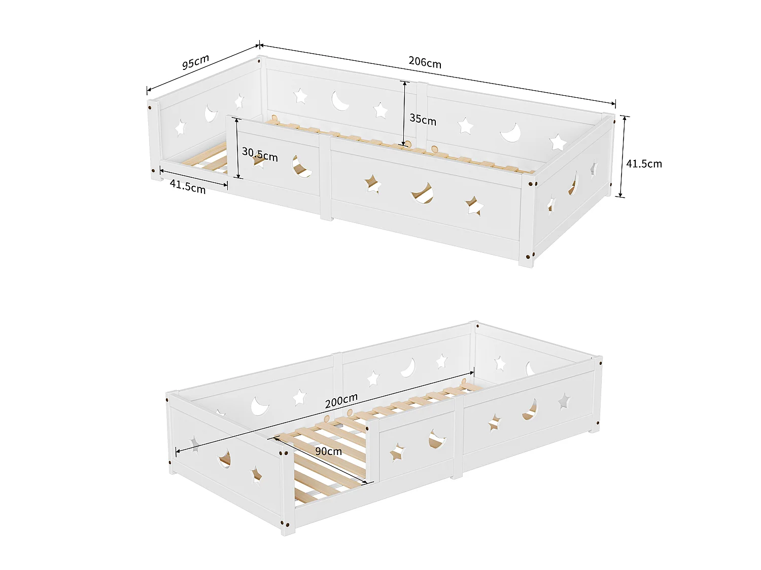 Lit enfant 90 x 200 cm - Lit en bois de pin avec barrières de sécurité, cadre étoile et lune - Blanc