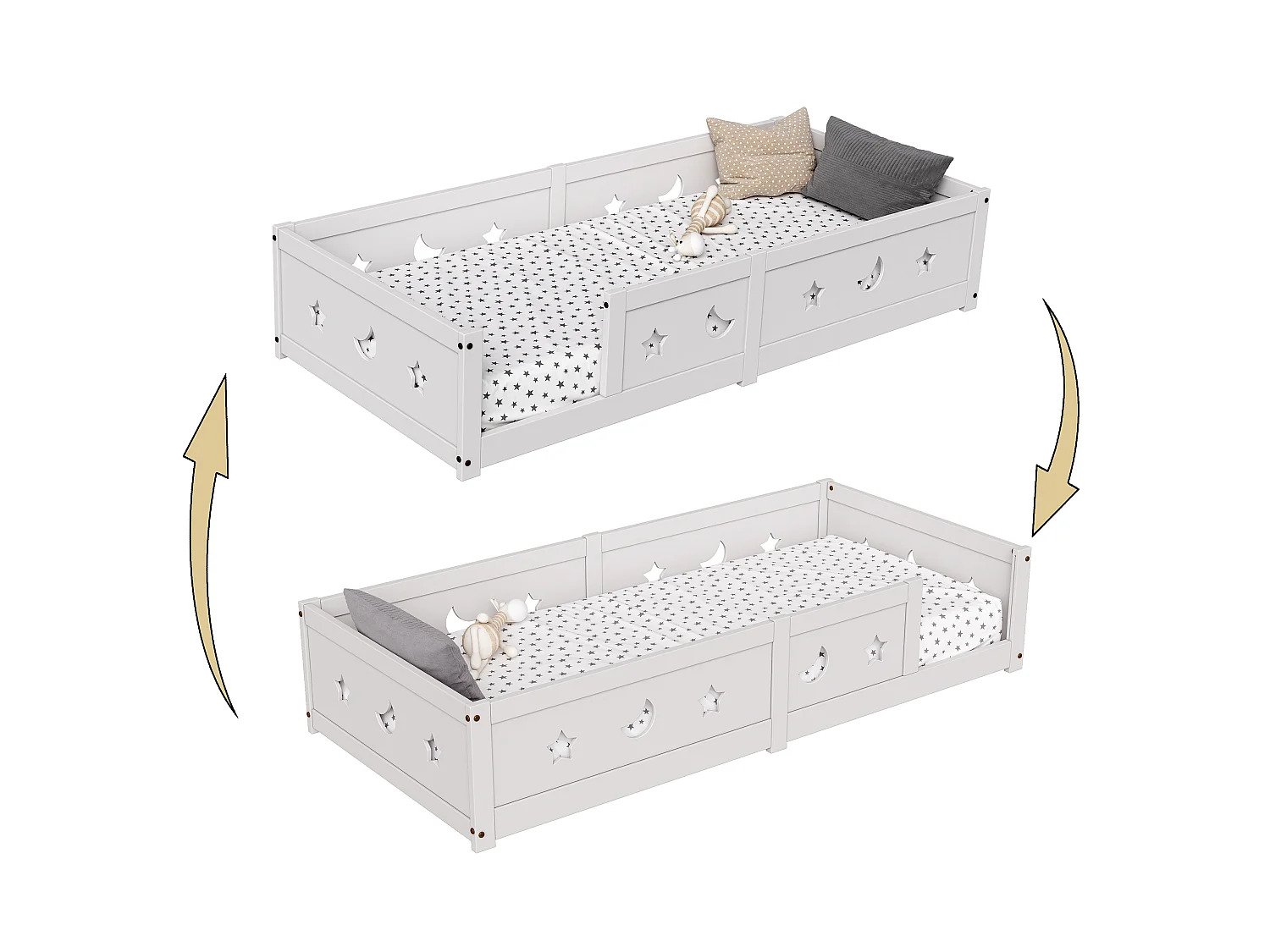 Lit enfant 90 x 200 cm - Lit en bois de pin avec barrières de sécurité, cadre étoile et lune - Blanc