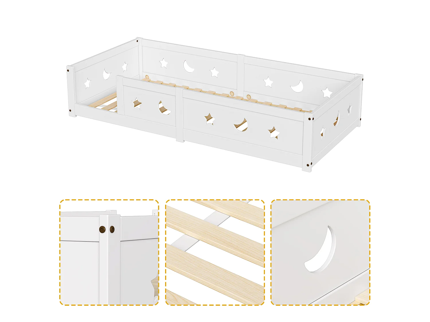 Lit enfant 90 x 200 cm - Lit en bois de pin avec barrières de sécurité, cadre étoile et lune - Blanc