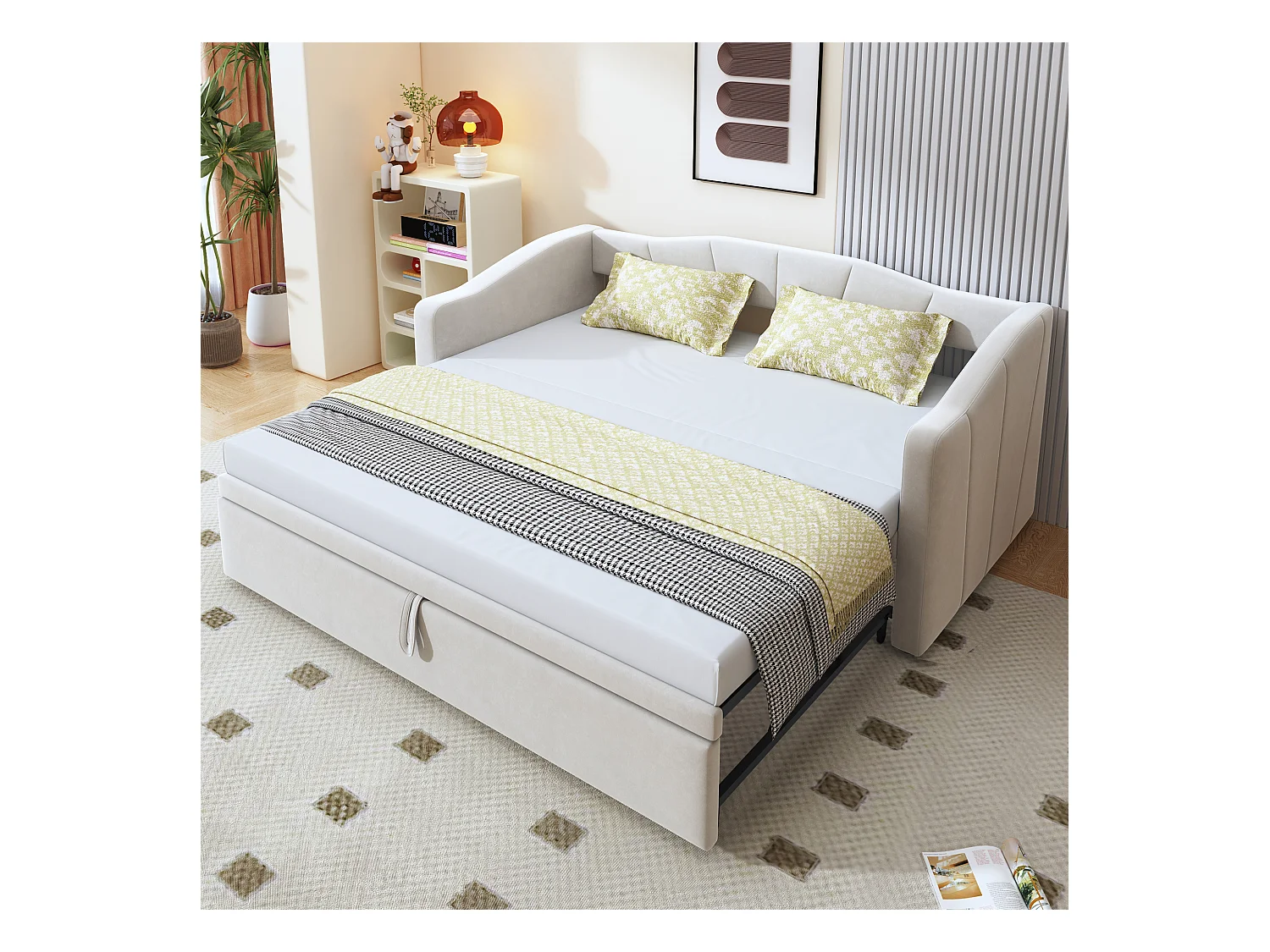 Canapé-lit rembourré avec lit gigogne - 90/180 x 200 cm - avec sommier à lattes - velours - beige