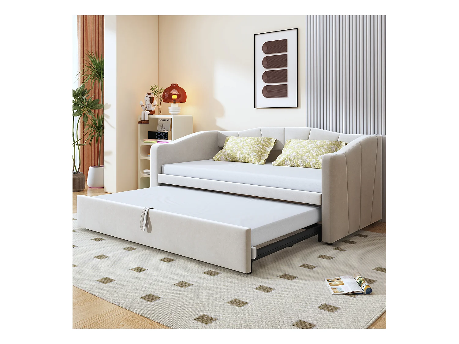 Canapé-lit rembourré avec lit gigogne - 90/180 x 200 cm - avec sommier à lattes - velours - beige