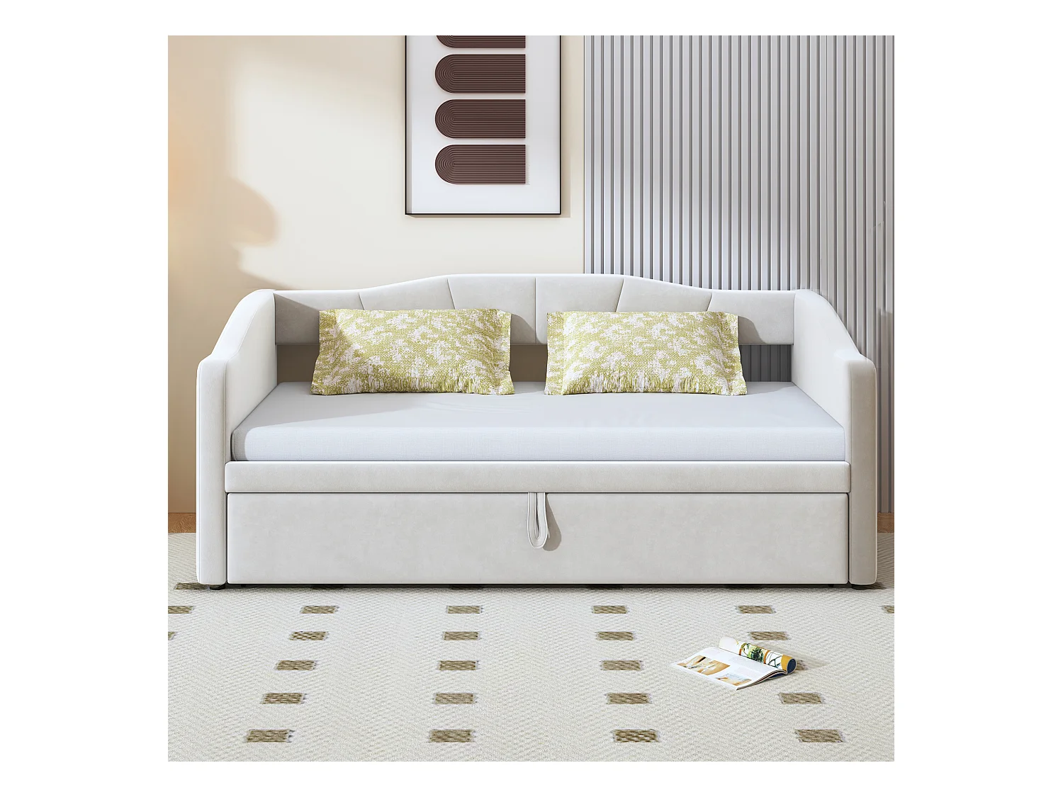 Sofa tapicerowana z funkcją spania i wysuwanym łóżkiem - 90/180 x 200 cm - z podstawą z listew - aksamit - beż