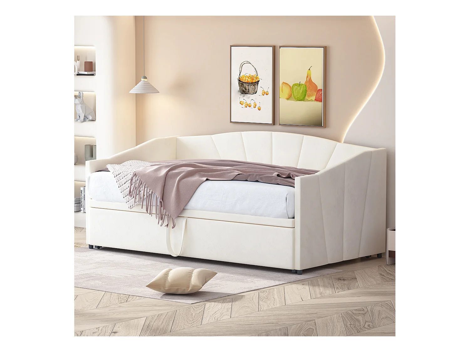 Sofa tapicerowana z funkcją spania i wysuwanym łóżkiem - 90/180 x 200 cm - z podstawą z listew - aksamit - beż