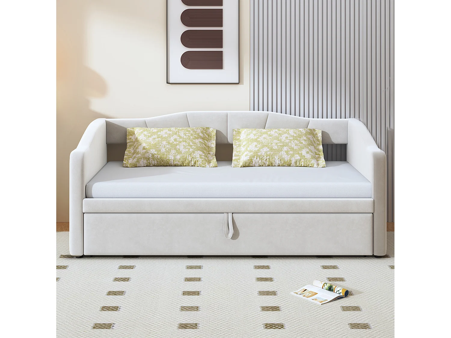 Canapé-lit rembourré avec lit gigogne - 90/180 x 200 cm - avec sommier à lattes - velours - beige