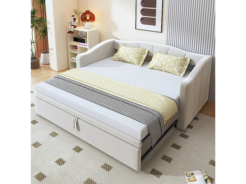 Gestoffeerde slaapbank met uitschuifbaar bed - 90/180 x 200 cm - met lattenbodem - fluweel - beige