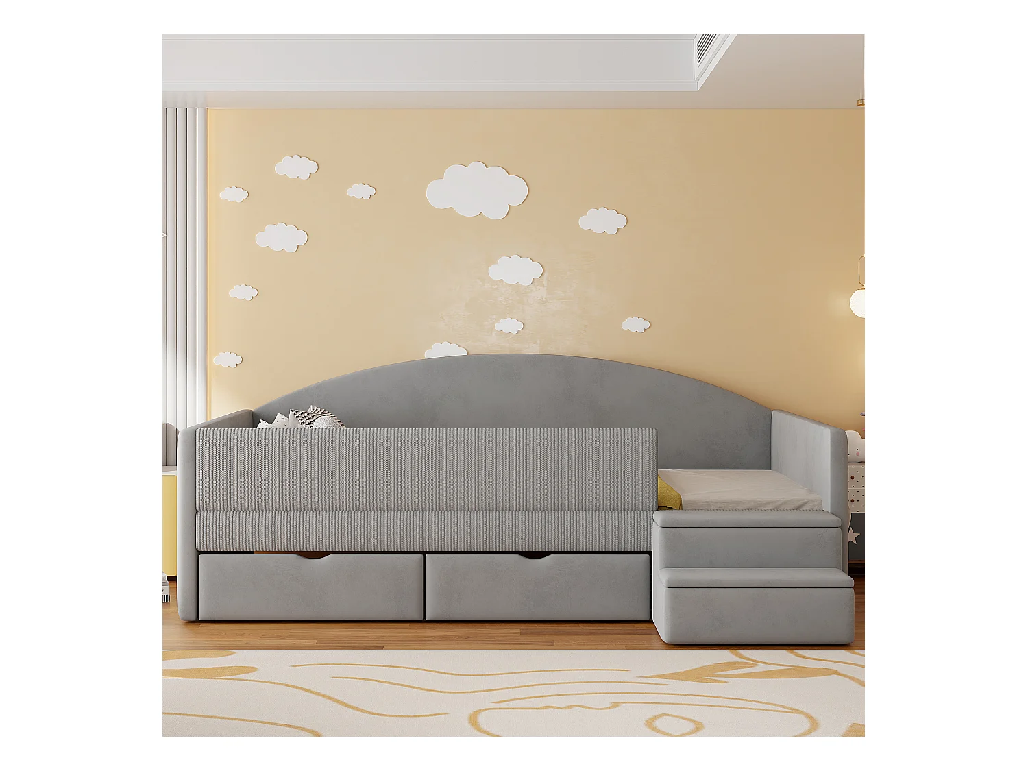 Sofa tapicerowana z funkcją spania - 90 x 190 cm - z 2 szufladami + drążkami + schodkami - welur - jasnoszara