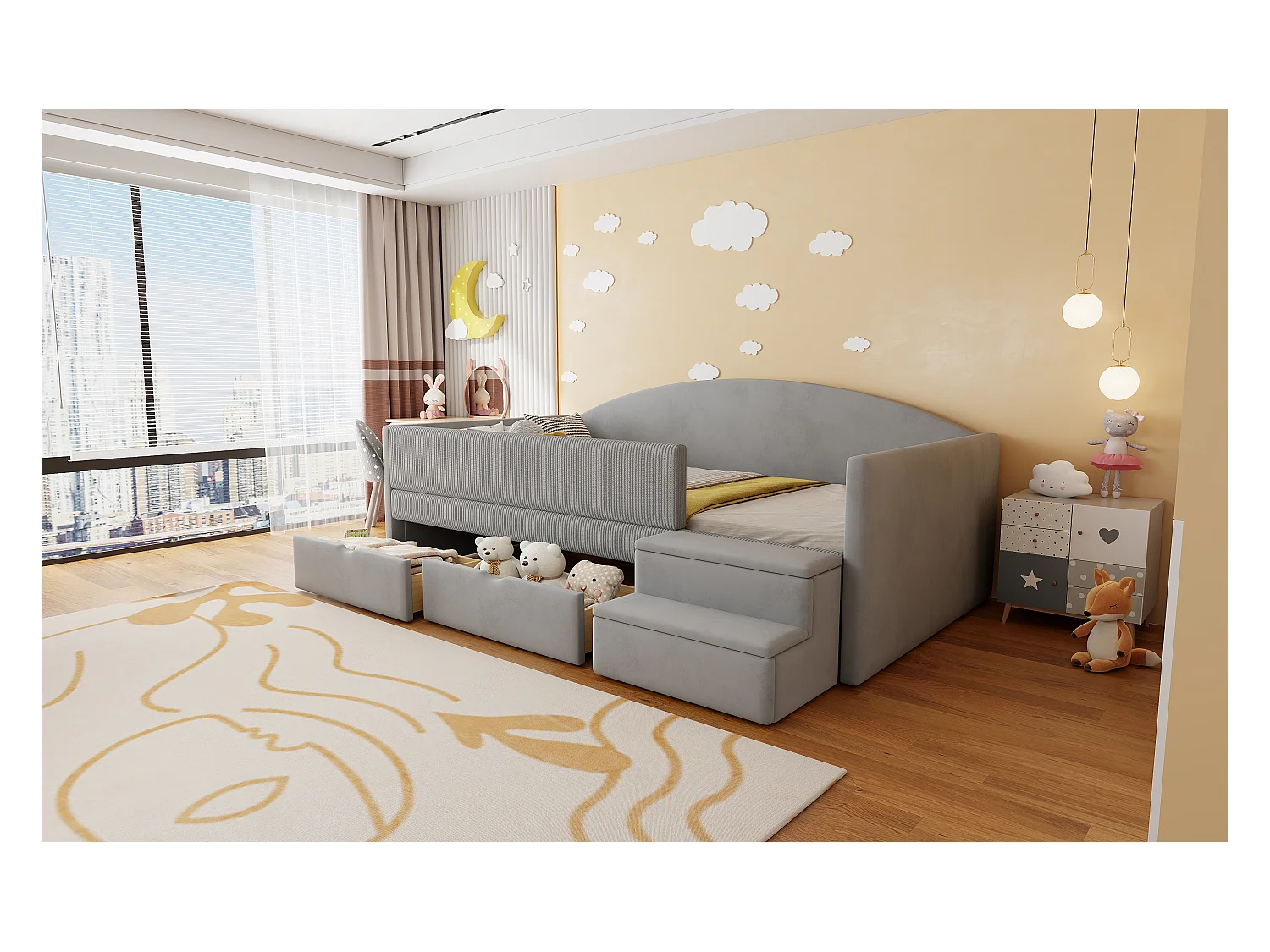 Sofa tapicerowana z funkcją spania - 90 x 190 cm - z 2 szufladami + drążkami + schodkami - welur - jasnoszara