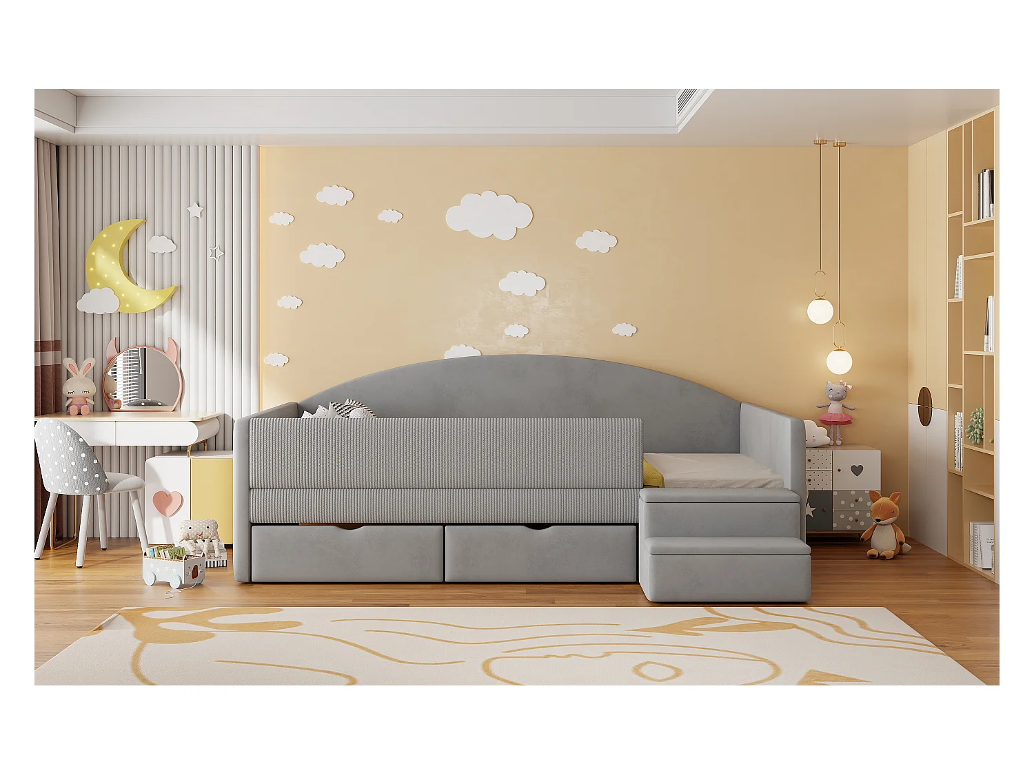 Sofa tapicerowana z funkcją spania - 90 x 190 cm - z 2 szufladami + drążkami + schodkami - welur - jasnoszara