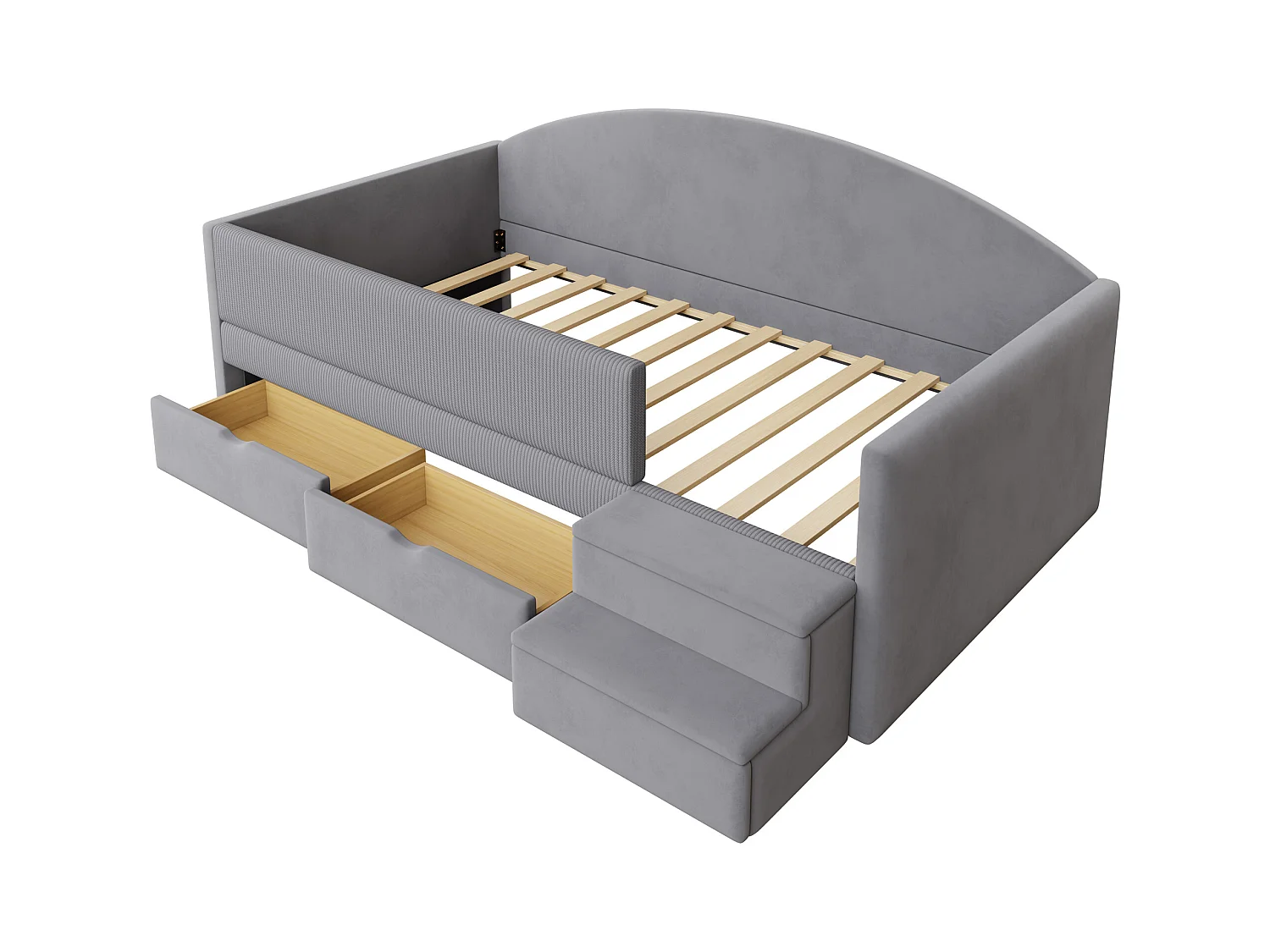 Sofa tapicerowana z funkcją spania - 90 x 190 cm - z 2 szufladami + drążkami + schodkami - welur - jasnoszara