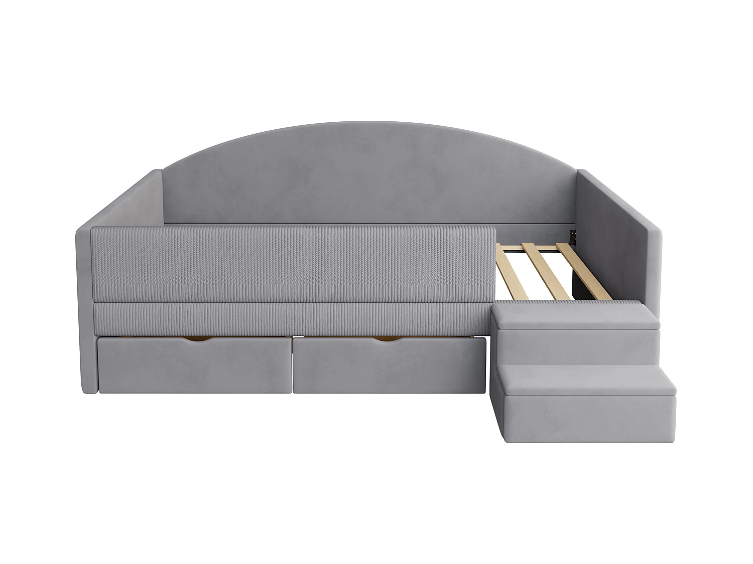 Sofa tapicerowana z funkcją spania - 90 x 190 cm - z 2 szufladami + drążkami + schodkami - welur - jasnoszara