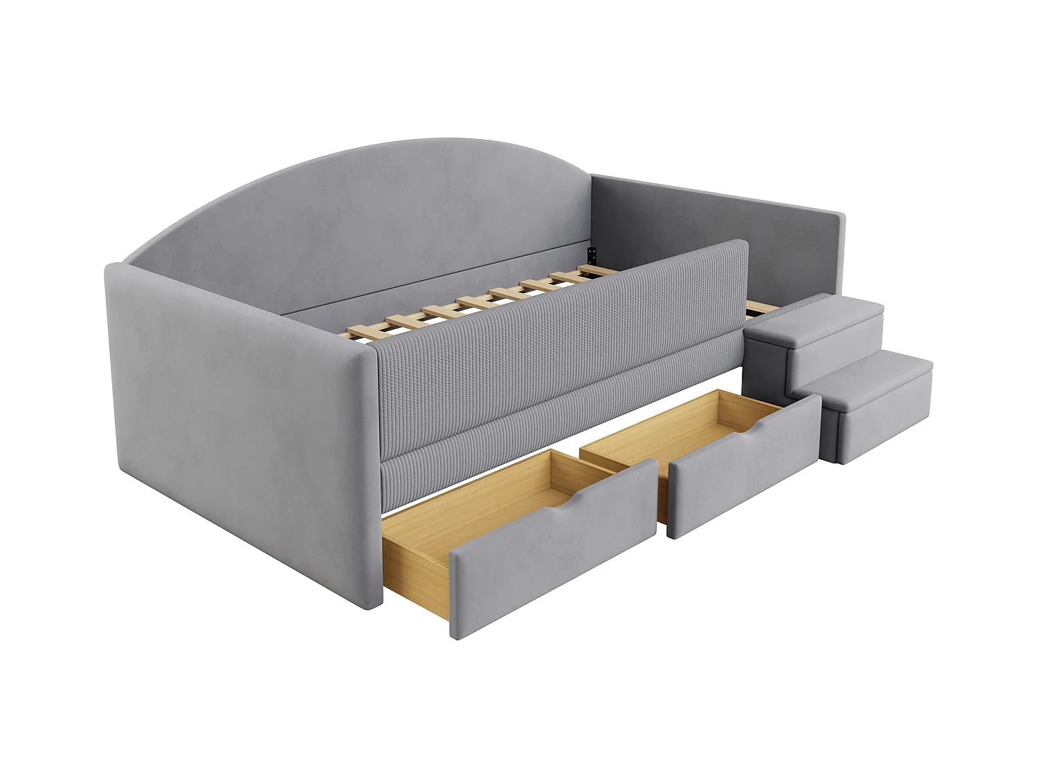 Sofa tapicerowana z funkcją spania - 90 x 190 cm - z 2 szufladami + drążkami + schodkami - welur - jasnoszara