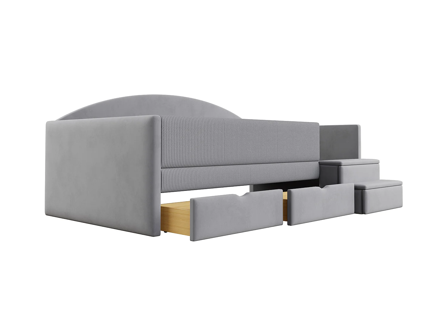 Sofa tapicerowana z funkcją spania - 90 x 190 cm - z 2 szufladami + drążkami + schodkami - welur - jasnoszara