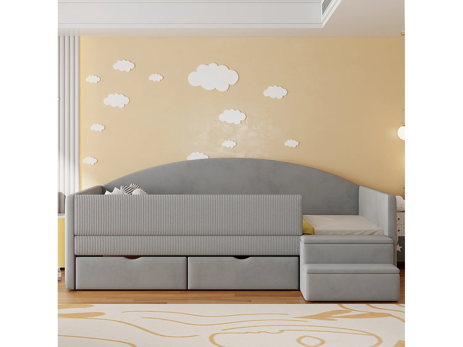 Gepolstertes Schlafsofa - 90 x 190 cm - mit 2 Schubladen + Schienen + Stufen - Samt - Hellgrau