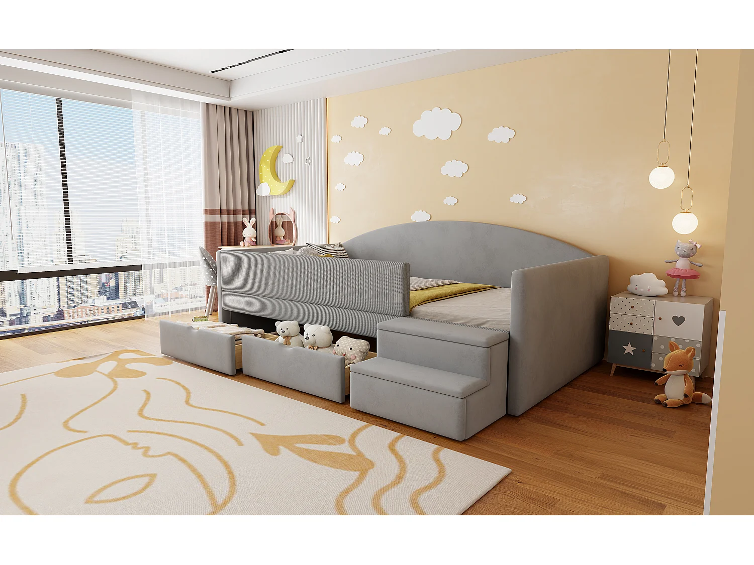 Gepolstertes Schlafsofa - 90 x 190 cm - mit 2 Schubladen + Schienen + Stufen - Samt - Hellgrau