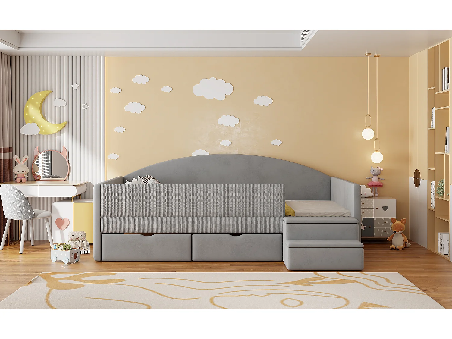 Gepolstertes Schlafsofa - 90 x 190 cm - mit 2 Schubladen + Schienen + Stufen - Samt - Hellgrau